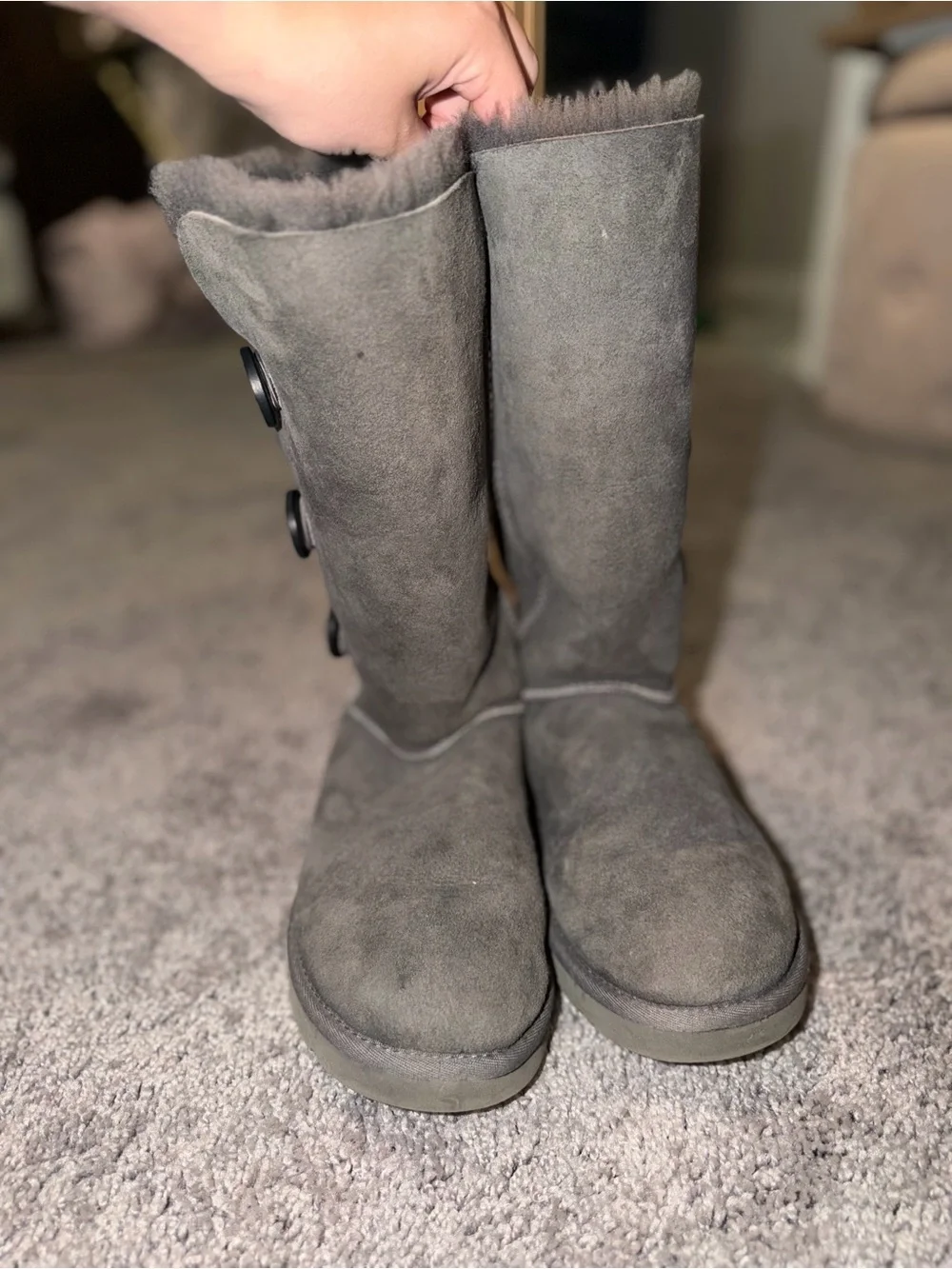 UGG Australia Bailey Button Triplet II Tall Boots Grey Suede Size 7